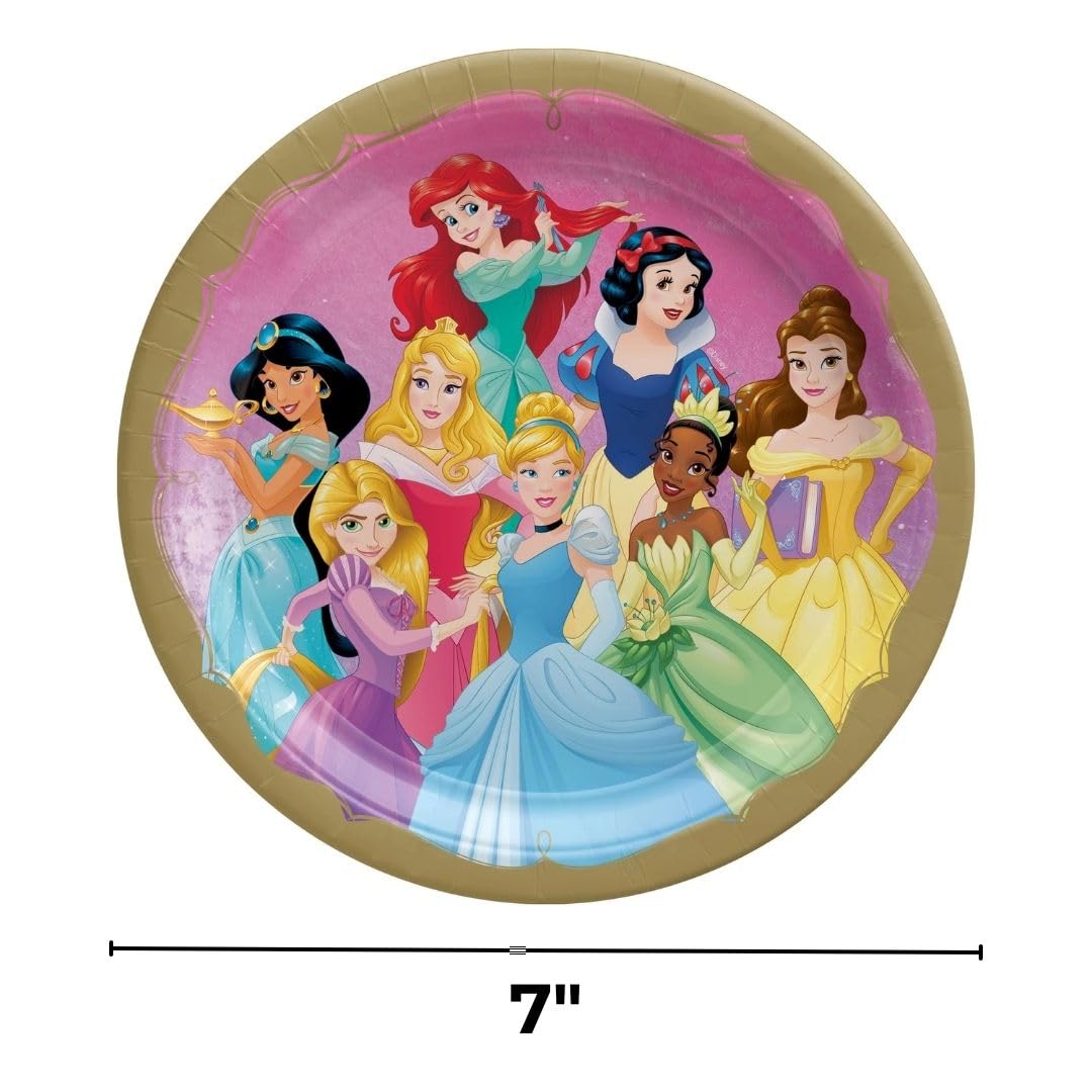 Amscan Multicolor Disney Princesses Round Paper Plates (7") Pack of 8 - Vibrant Party Tableware for Birthdays, Celebrations & Events