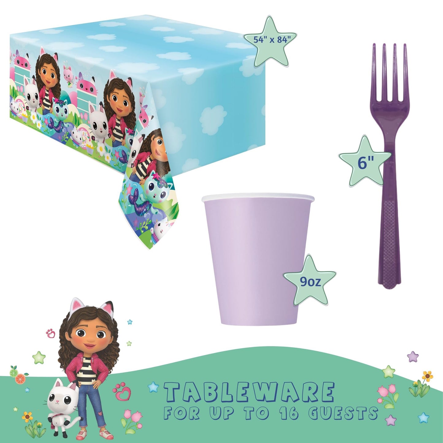 Gabby's Dollhouse Birthday Party Supplies Bundle w/ Gabby's Dollhouse Lunch Plates, Cake Plates, Napkins, Table Cover, Cups, & Forks for 16 Guests