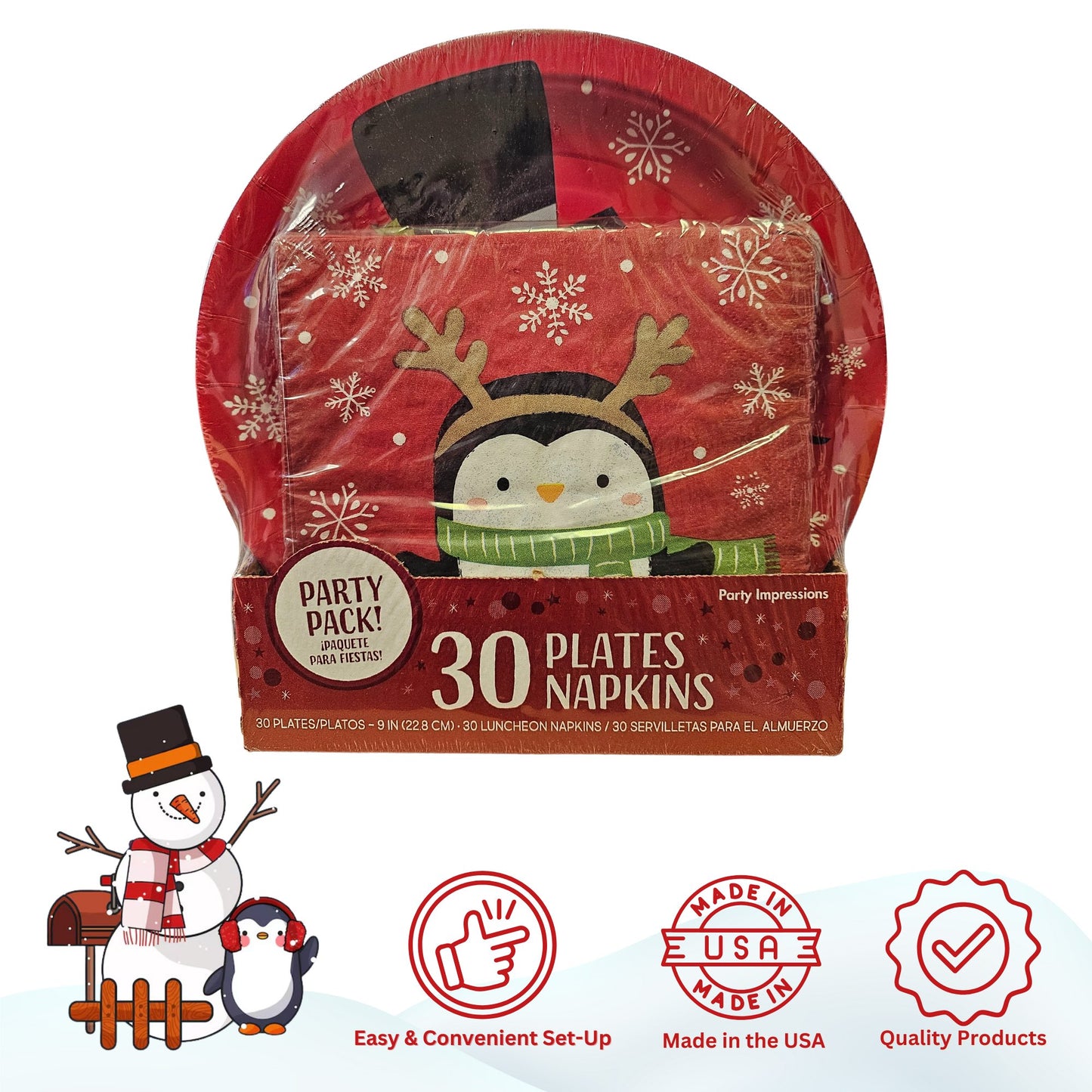 Snowy Friends Winter Party Supplies Bundle w/ Snowman Paper Plates and Penguin Paper Napkins - Serves 30