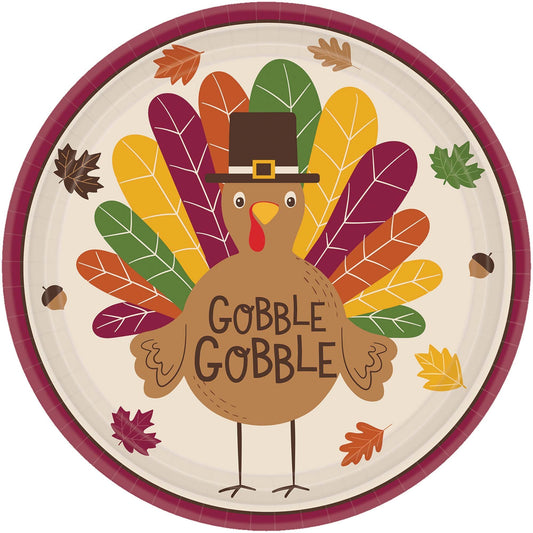 Gobble Gobble Tom Turkey Thanksgiving Paper Dinner Plates - 18ct