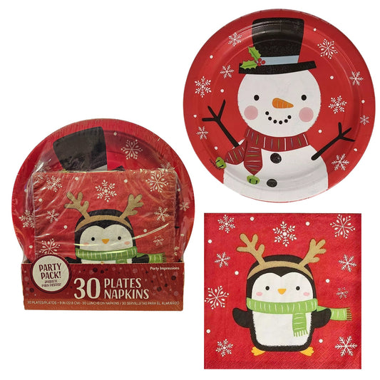 Snowy Friends Winter Party Supplies Bundle w/ Snowman Paper Plates and Penguin Paper Napkins - Serves 30