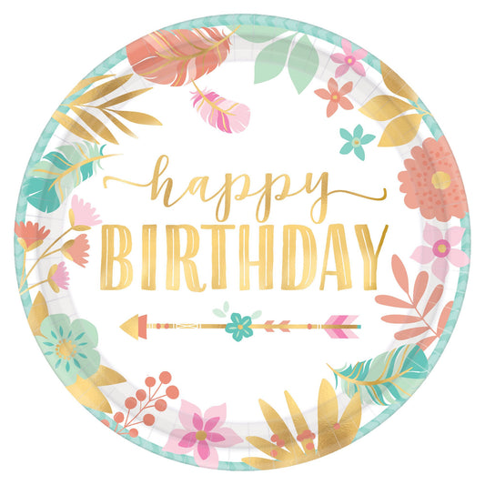 Boho Birthday Girl 7" Metallic Paper Plates - 8ct