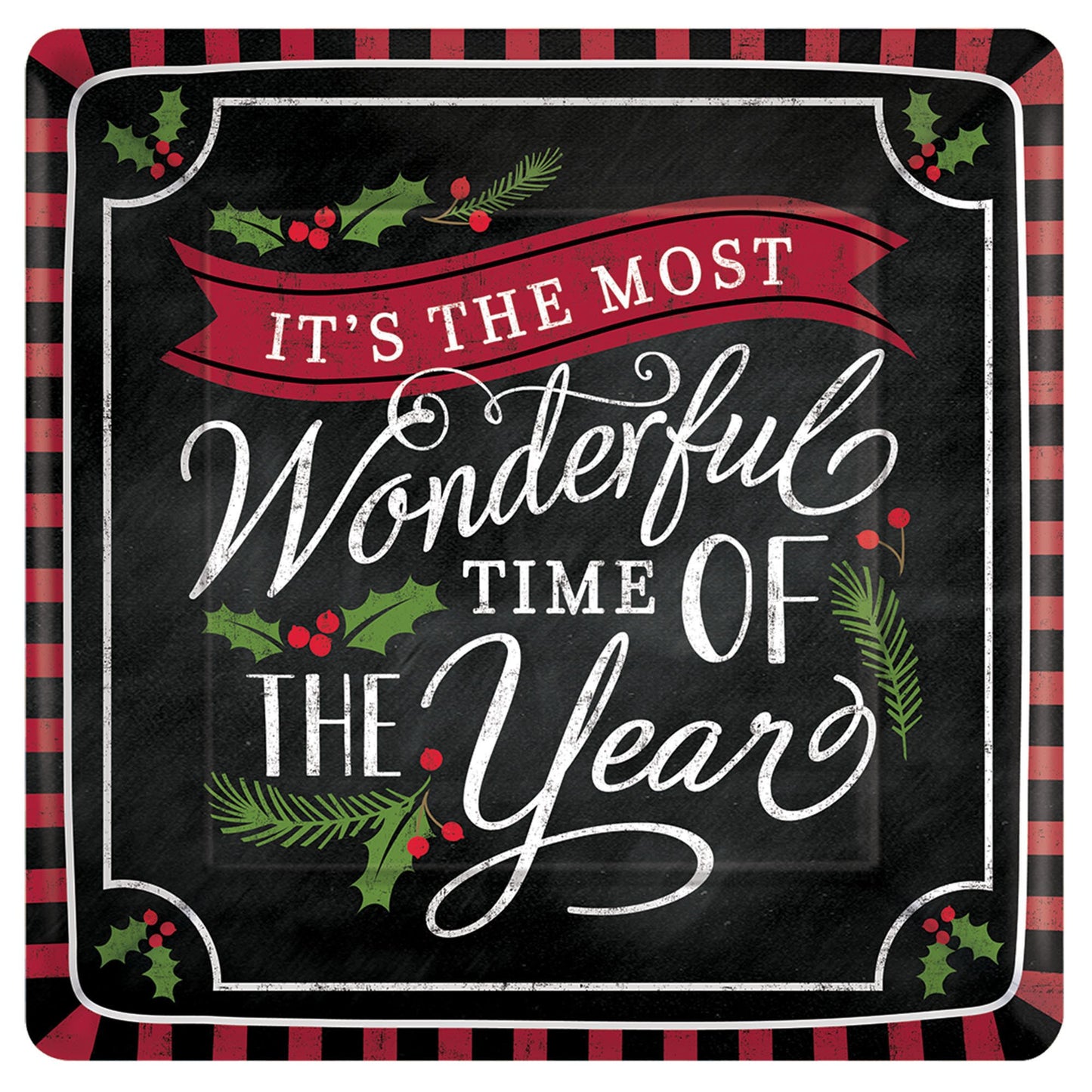 Most Wonderful Time Christmas 7" Square Paper Dessert/Appetizer Plates - 18ct