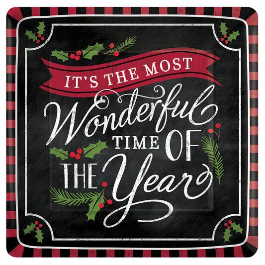 Most Wonderful Time Christmas 7" Square Paper Dessert/Appetizer Plates - 18ct