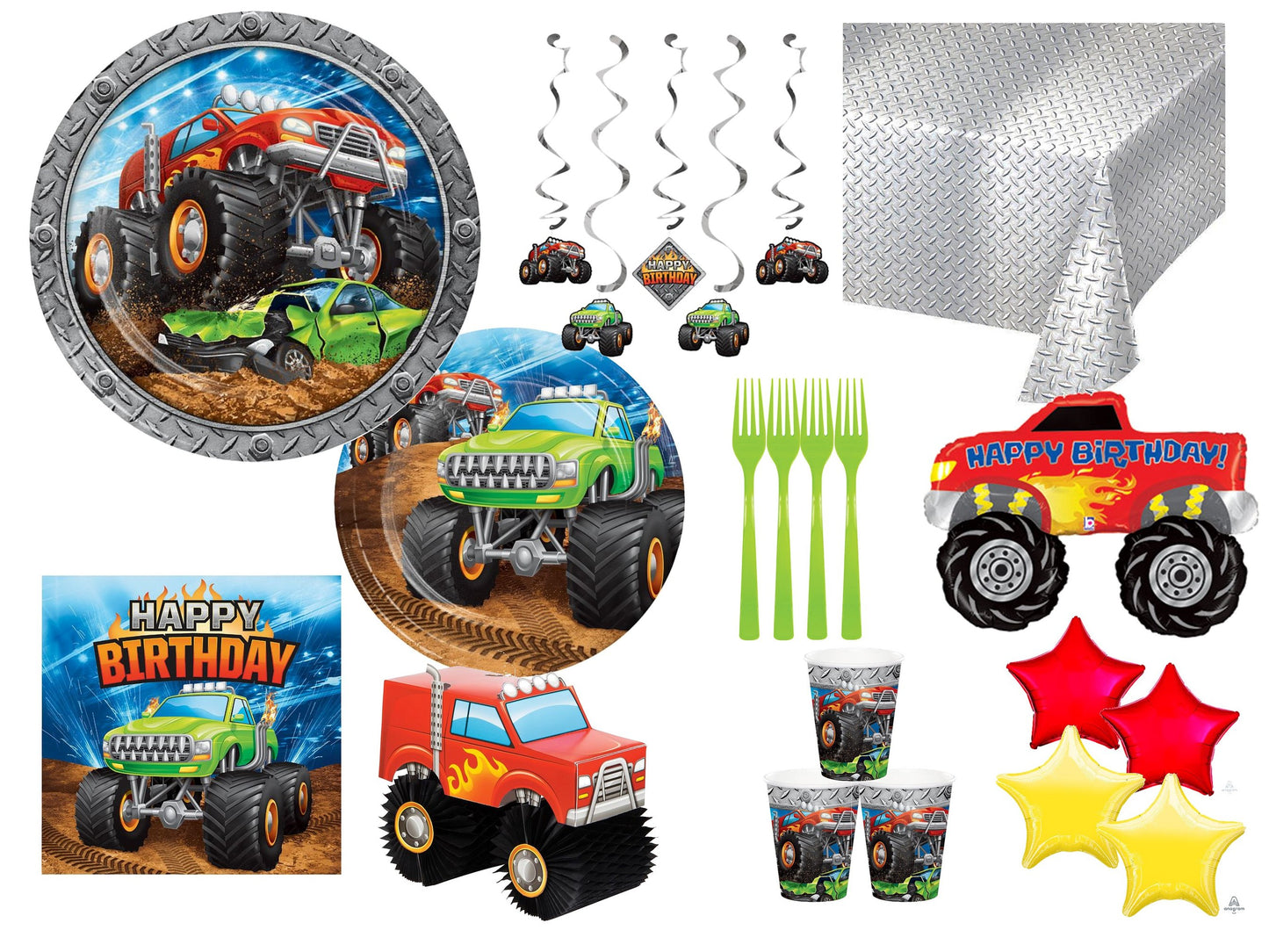 Monster Truck Party Supplies Bundle (Pack for 16)