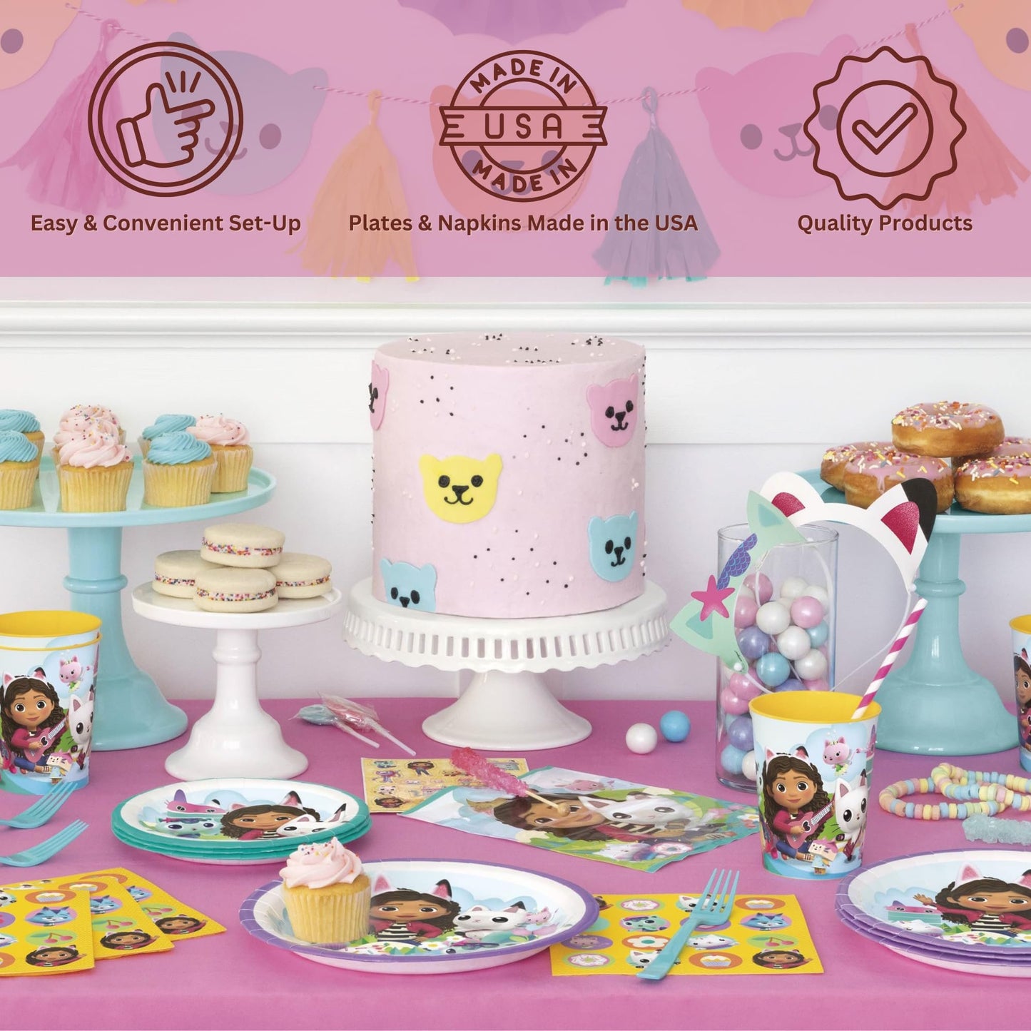 Gabby's Dollhouse Birthday Party Supplies Bundle w/ Gabby's Dollhouse Lunch Plates, Cake Plates, Napkins, Table Cover, Cups, & Forks for 8 Guests