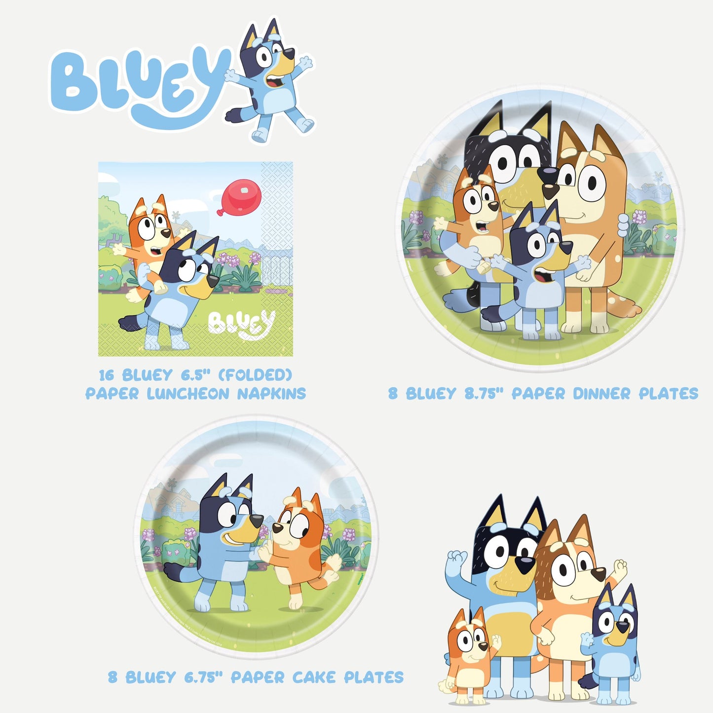 Bluey Birthday Party Supplies Bundle with Bluey Dinner Plates, Bluey Cake Plates, Bluey Napkins, and Bluey Table Cover - Serves 16