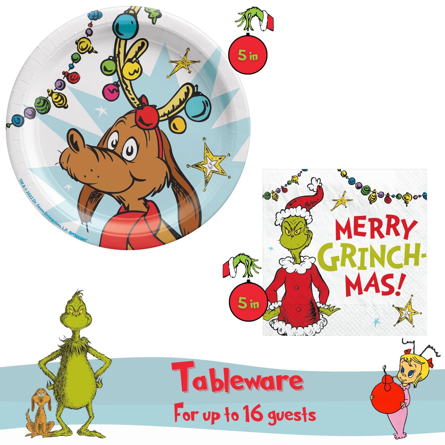 Dr. Seuss The Grinch Christmas Party Supplies Bundle with Appetizer Plates Featuring "Max" and The Grinch Napkins for 16 Guests - Serves 16  FREE SHIPPING