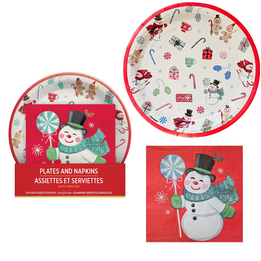 Peppermint Twist Snowman Holiday and Christmas Party Plates and Napkins Bundle for 30 Guests