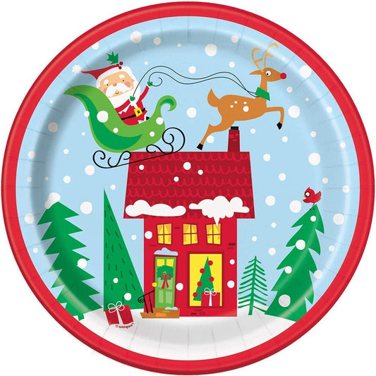 Unique Round Paper Dinner Plates - 9" | Colorful Santa | 8 Pcs