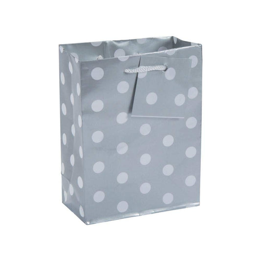 Small Silver Polka Dot Gift Bags for Party - Party Supplies - Bags - Paper Gift W & Handles - 12ct