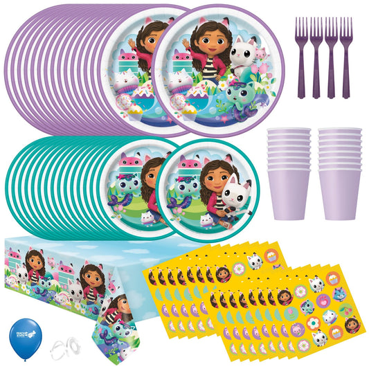 Gabby's Dollhouse Birthday Party Supplies Bundle w/ Gabby's Dollhouse Lunch Plates, Cake Plates, Napkins, Table Cover, Cups, & Forks for 16 Guests