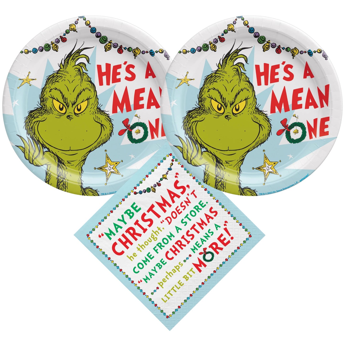 Dr. Seuss The Grinch Christmas Party Supplies Bundle with The Grinch 10.5" Paper Plates and Luncheon Napkins - Serves 16 -  FREE SHIPPING