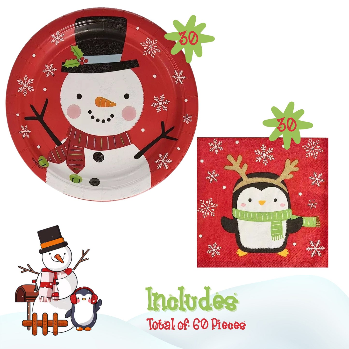 Snowy Friends Winter Party Supplies Bundle w/ Snowman Paper Plates and Penguin Paper Napkins - Serves 30