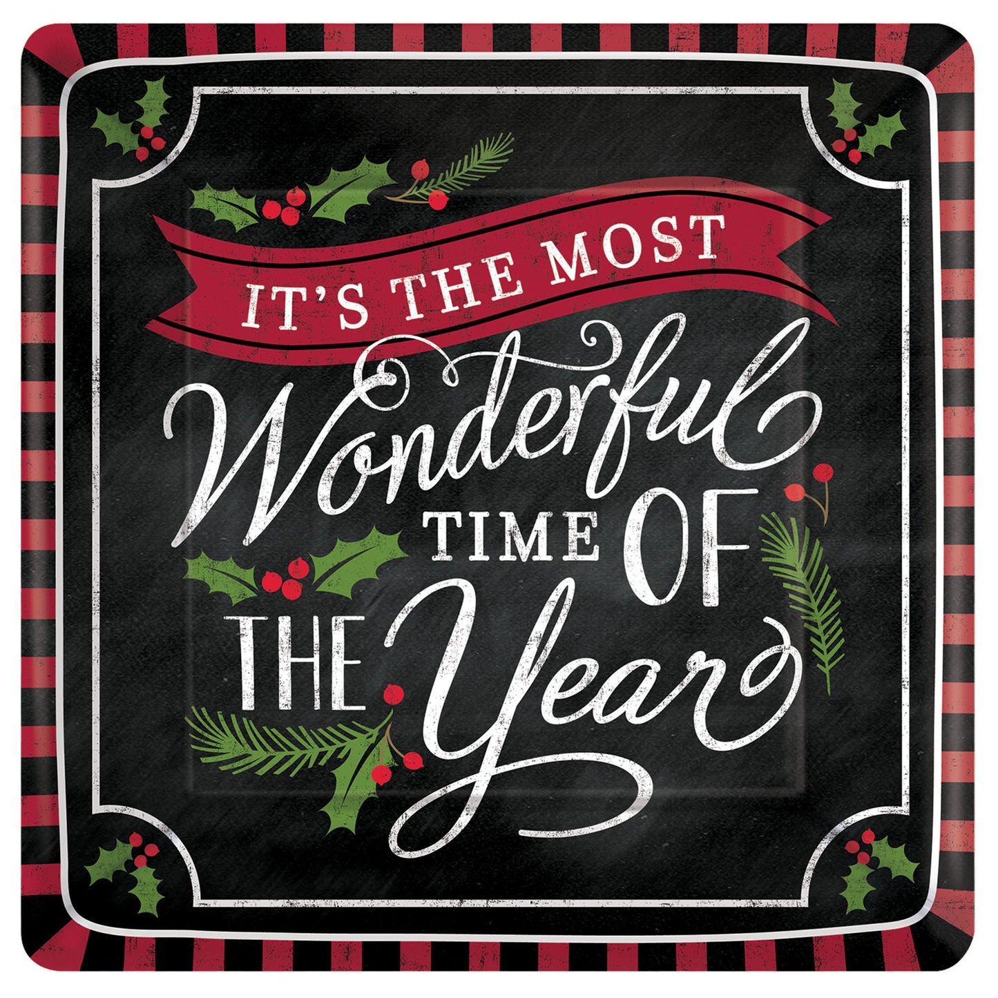 Most Wonderful Time 10" Square Paper Christmas Plates - 18ct