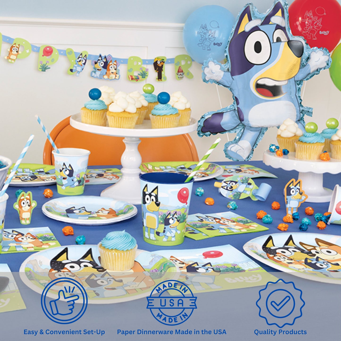 Bluey Birthday Party Supplies Bundle with Bluey Dinner Plates, Bluey Cake Plates, Bluey Napkins, and Bluey Table Cover - Serves 16