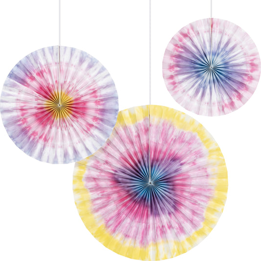 Tie Dye Party Paper Fan Decorations, 16", 12", 10" - 3ct