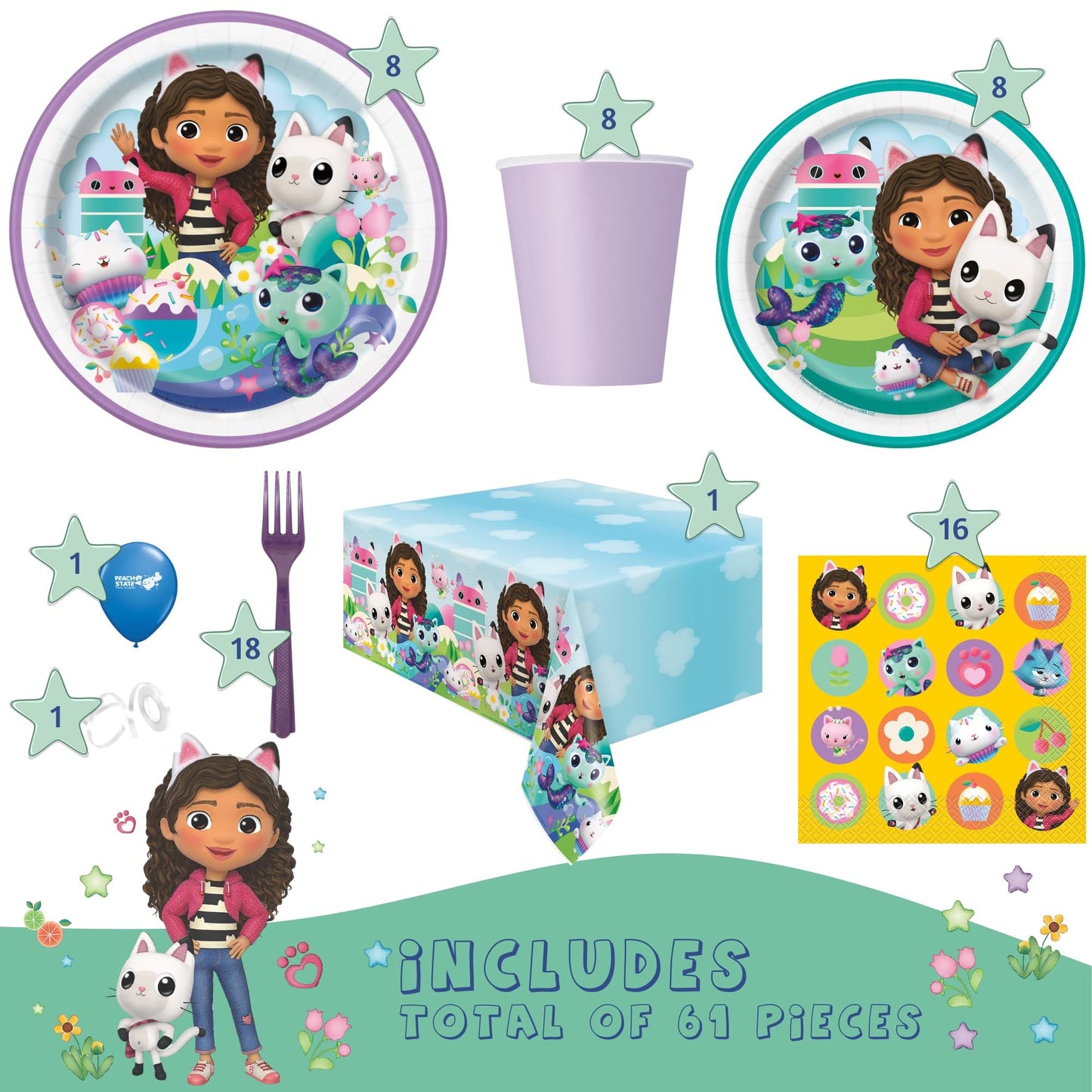 Gabby's Dollhouse Birthday Party Supplies Bundle w/ Gabby's Dollhouse Lunch Plates, Cake Plates, Napkins, Table Cover, Cups, & Forks for 8 Guests