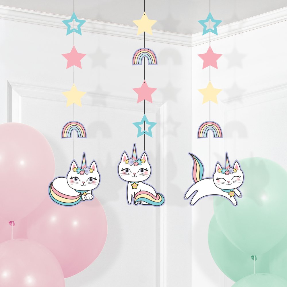 Kitty Cat Sassy Caticorn Hanging Swirl Decorations - 3ct