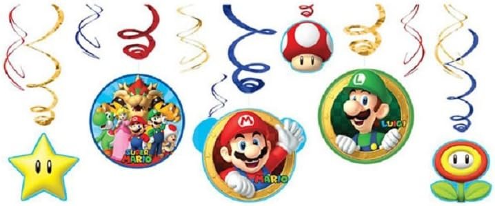 Super Mario Brothers Hanging Swirl Decorations - Assorted Designs, 12 Pcs