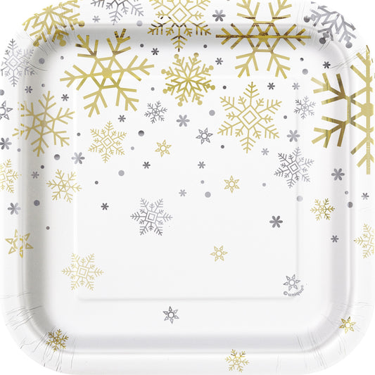 Silver & Gold Holiday Snowflakes Square 7" Dessert Plates - 8ct