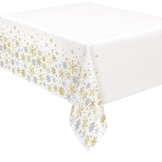 Silver & Gold Holiday Snowflakes Rectangular Plastic Table Cover - 54" x 84"