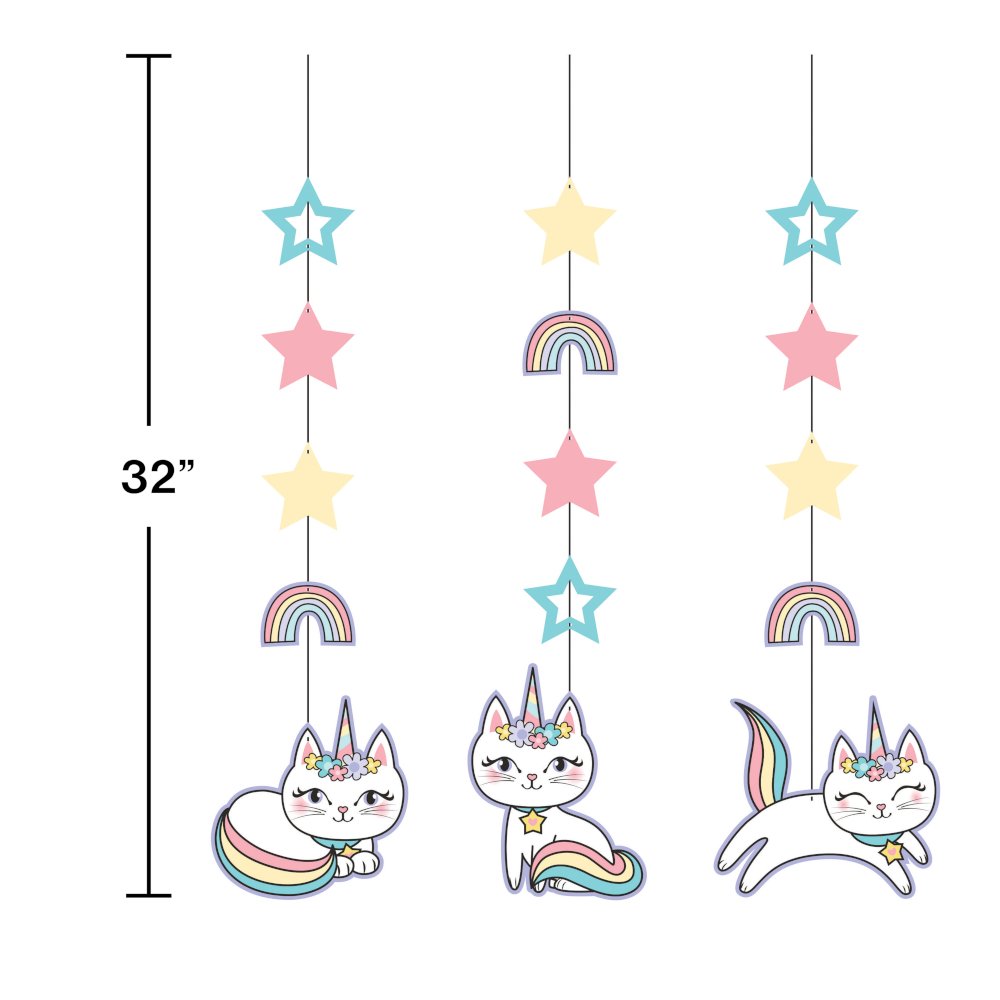 Kitty Cat Sassy Caticorn Hanging Swirl Decorations - 3ct