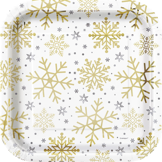 Silver & Gold Holiday Snowflakes Square 9" Dinner Plates 8ct